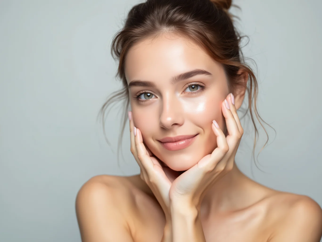 A portrait of a smiling young woman with radiant clear skin framing her face with her hands showcasing a youthful glow and refined facial contours