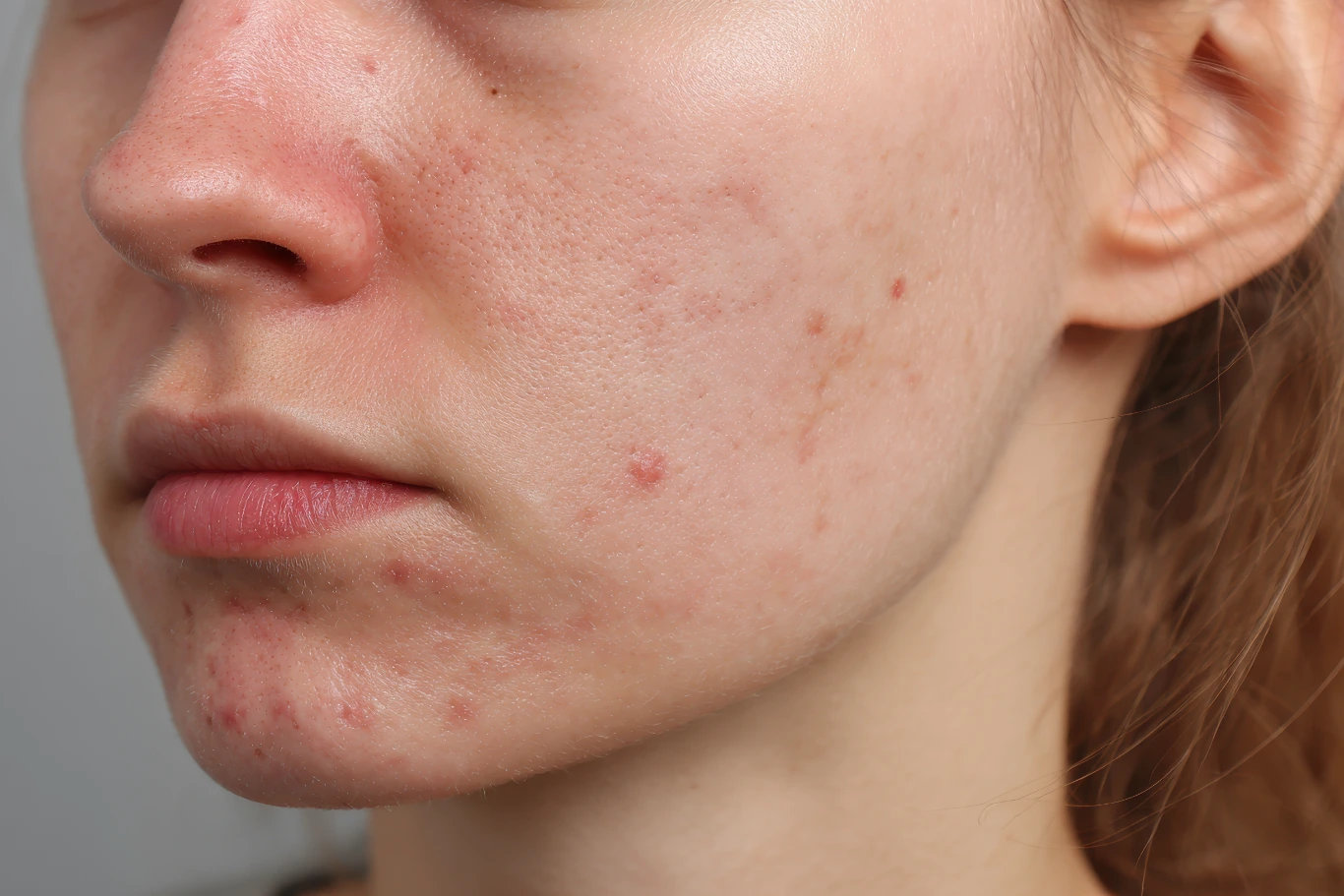 Acne scars treatment Close up of womans cheek with acne and blemishes